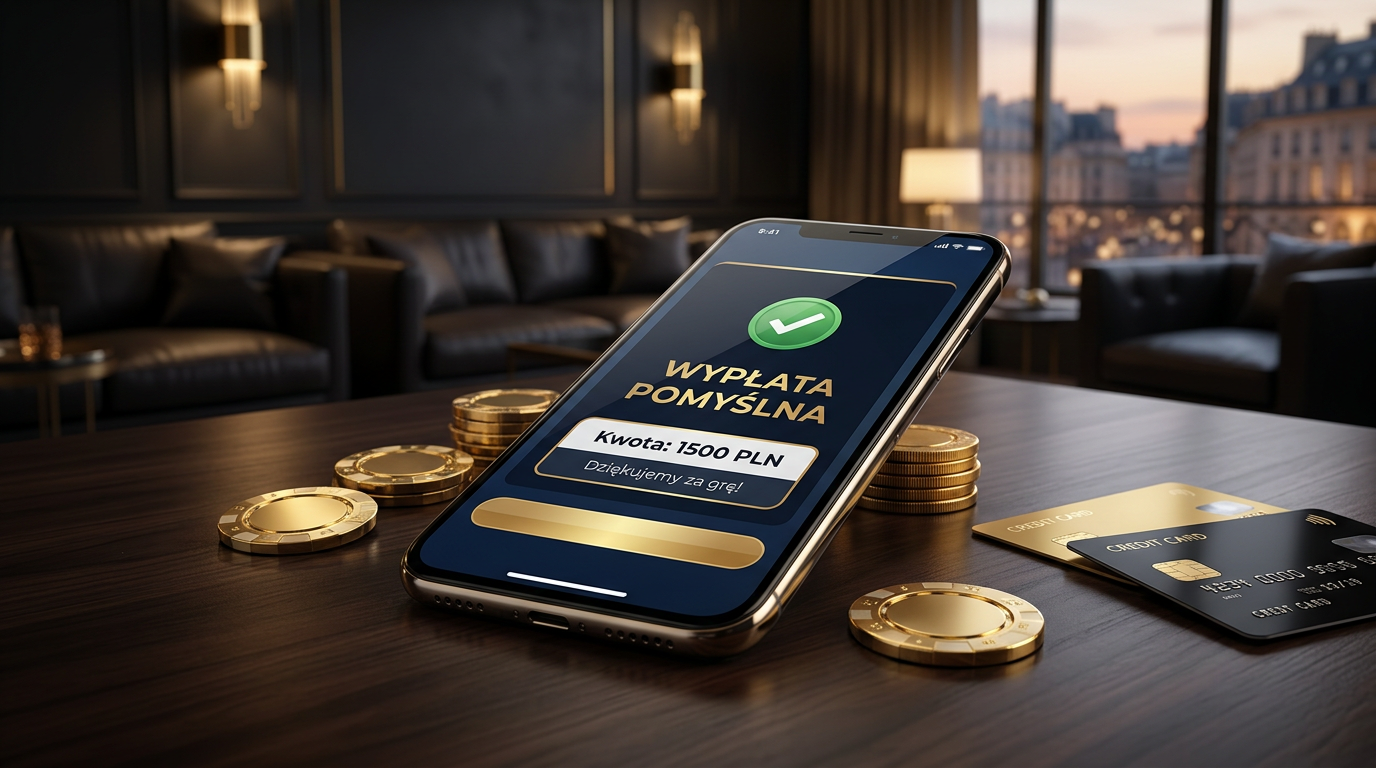 Luksusowy interfejs kasyna online z komunikatem o udanej wypłacie, złotymi monetami i symbolami bezpieczeństwa finansowego.