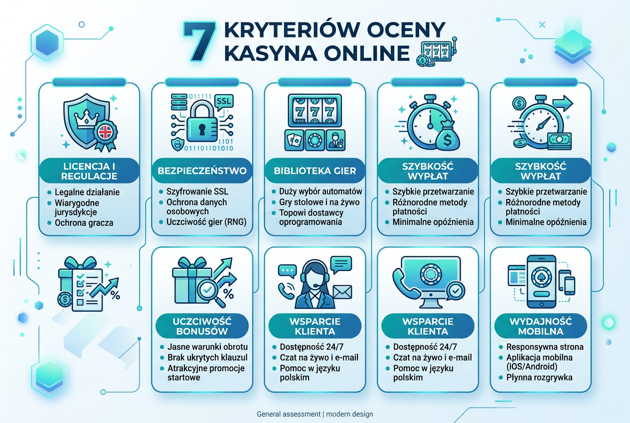 Infografika przedstawiająca siedem kryteriów metodologii oceny kasyn online
