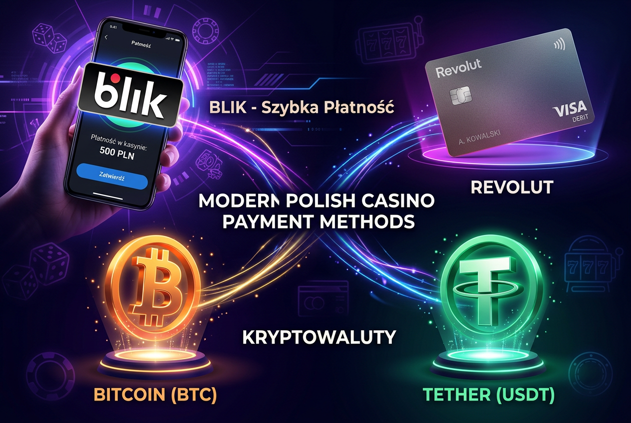 Ilustracja metod płatności w polskim kasynie z logo BLIK, Revolut i kryptowalutami