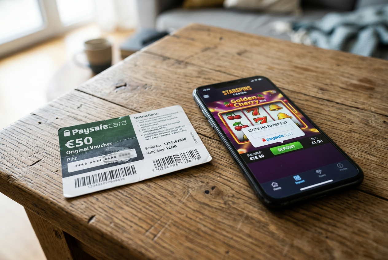 Zbliżenie na fizyczny voucher Paysafecard z 16-cyfrowym kodem PIN na drewnianym stole obok smartfona